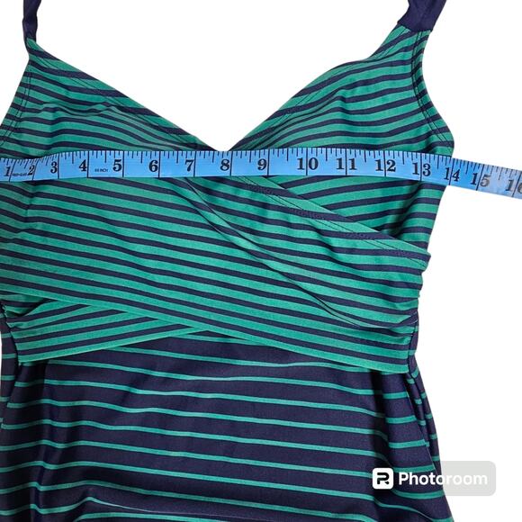 Penbrooke Women’s One Piece Halter Surplice Navy & Teal Striped Swimsuit Size M - Picture 11 of 14